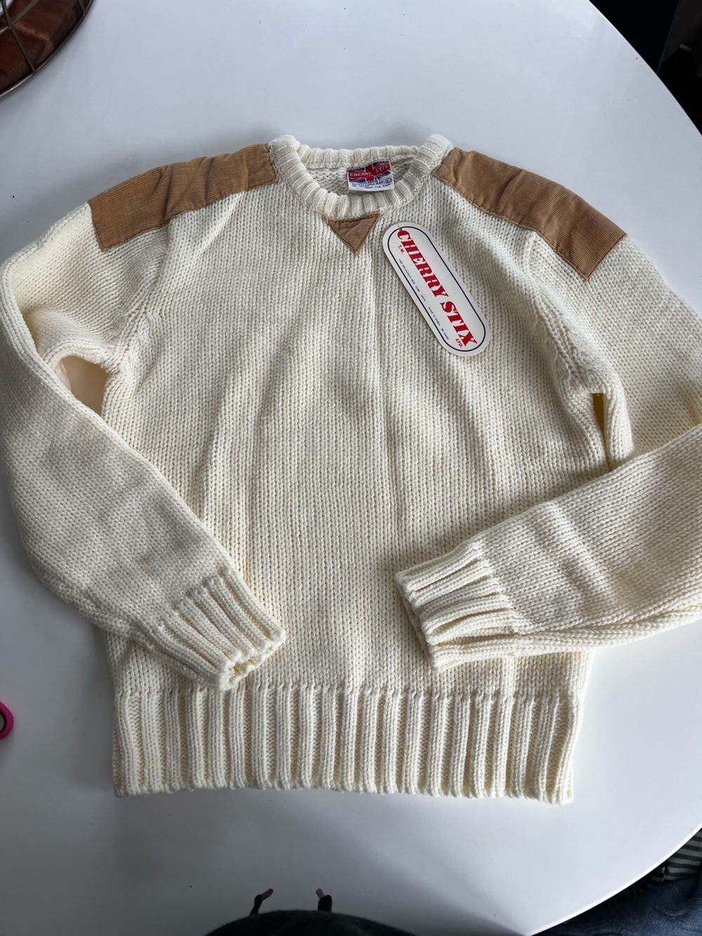 Cherry Stix Cream Crewneck Sweater with Tan Shoulder Patches